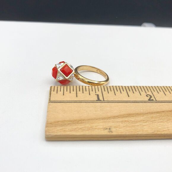 Henri Bendel Cocktail Ring Size 6.5 Red Coral Crystals Gold Plate Geometric Ball - Picture 8 of 8